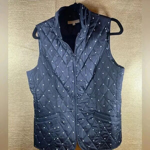 Talbots Navy Quilted Vest with White Polka Dots